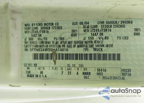 2005 Ford E-250 from USA, damaged, VIN 1FTNE24W25HA14010